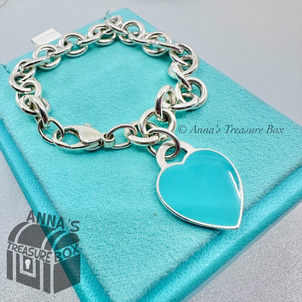Return To Tiffany & Co. Silver 925 Blue Enamel RTT Heart 7.75" Bracelet (pouch) - Picture 1 of 5